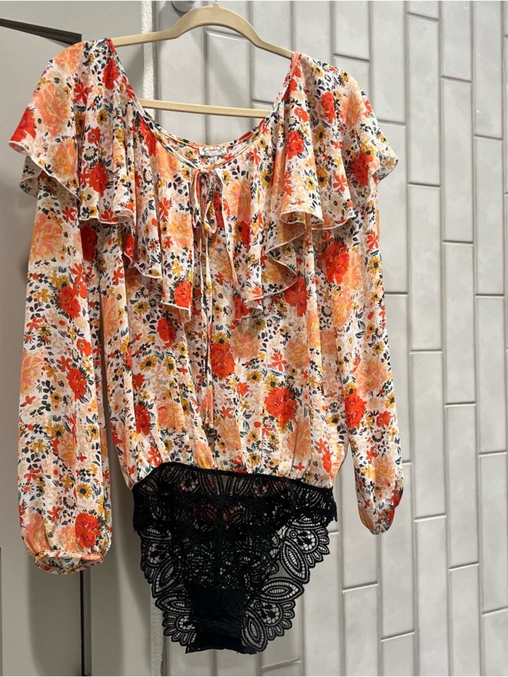 Free People Floral Ruffle Peasant Bodysuit  - Floral Orange/Cream